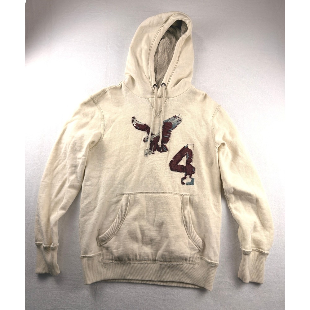 Y2K American Eagle Outfitters Mens Cream Distressed Eagle Logo Hoodie Vintage M